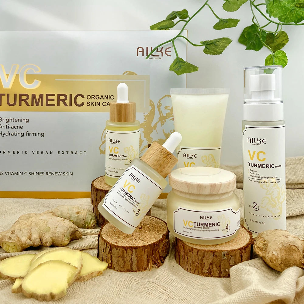Sheromom's  AILKE Organic Turmeric Whitening Skin Care Set, with Vitamin C, Clean Skin, Reduce Acne, Hydrating and Firming for Women
