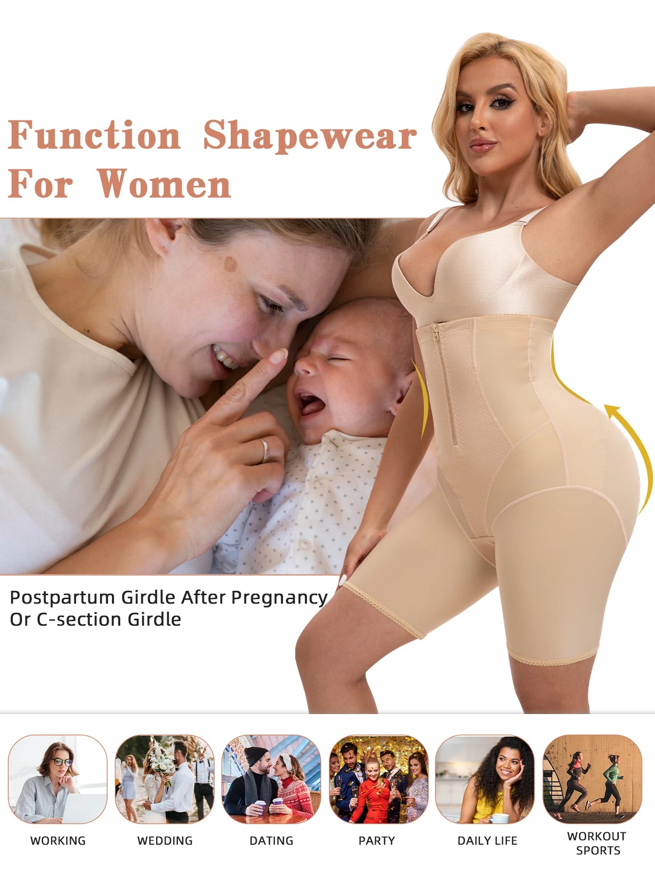 Sheromom's 1pcs Zipper Front Postpartum Recovery Women High Waist Tummy Control Hip Enhancer Shapewear Shorts