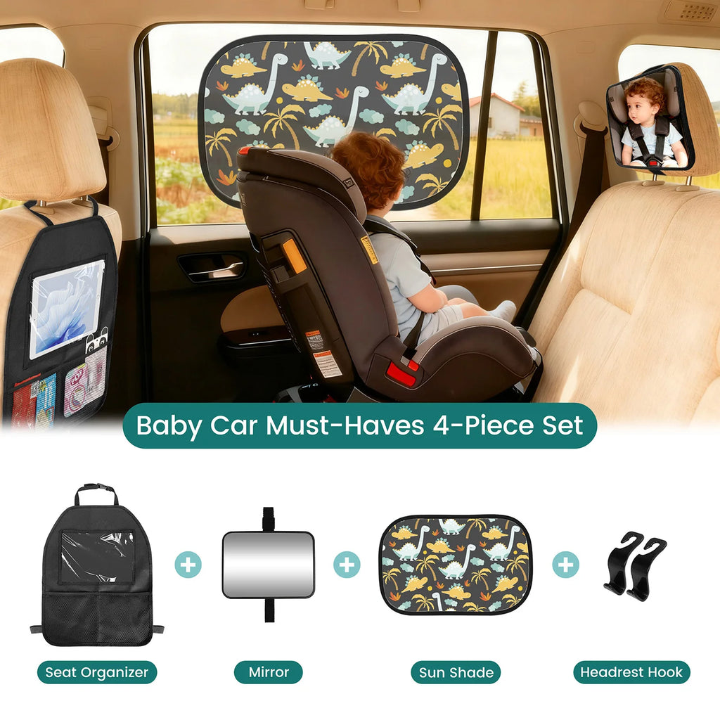 Sheromom's Baby Car Essentials Starter Kit | Backseat Organizer + 2 Sunshades + 2 Hooks + Rear Mirror