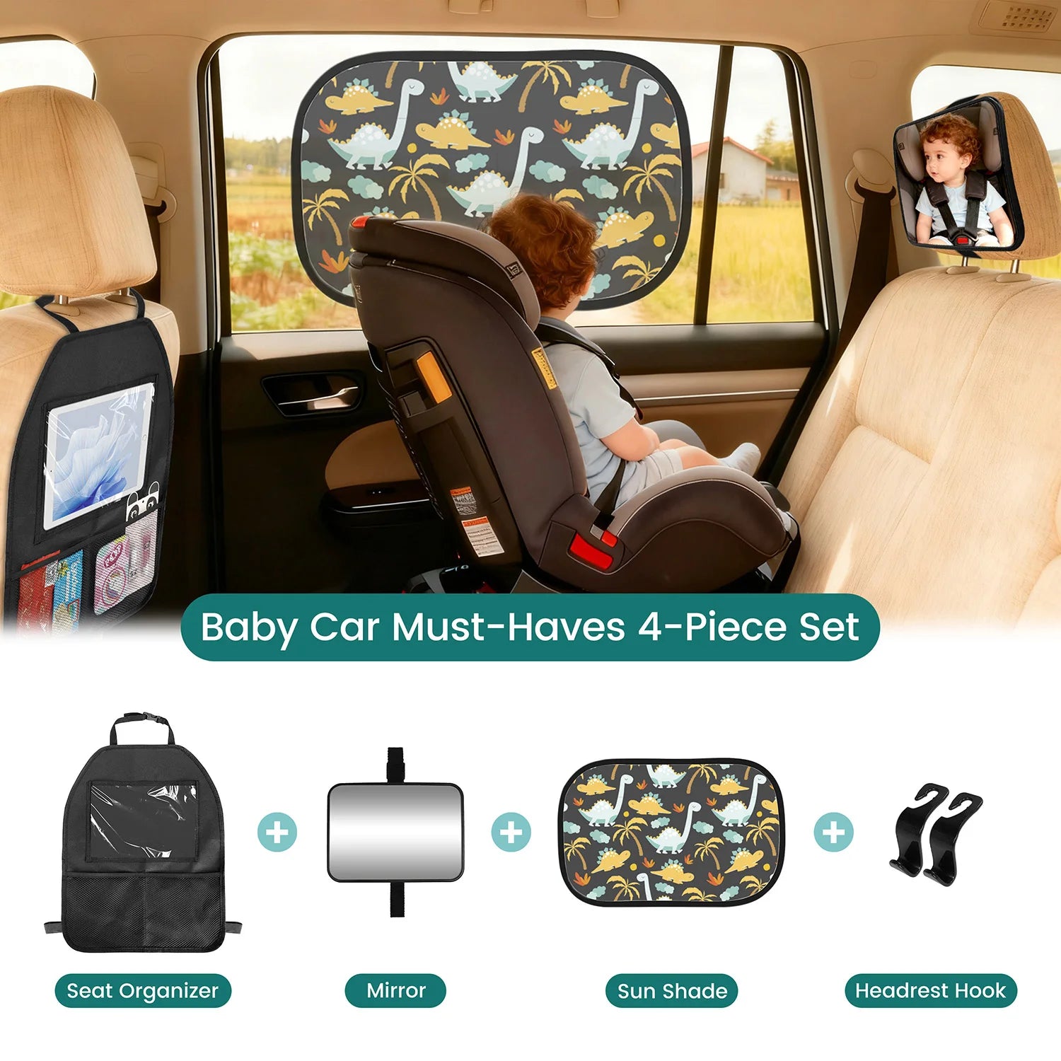 Sheromom's Baby Car Essentials Starter Kit | Backseat Organizer + 2 Sunshades + 2 Hooks + Rear Mirror