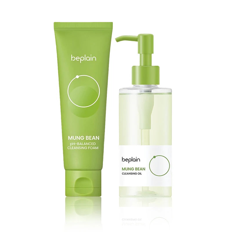 Sheromom's Korean Beplain Mung Bean PH-Balanced Cleansing Foam,Pore Care Serum Gentle Cleansing Oil and Face Clay Mask Facial Skincare Set