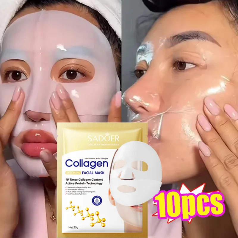 Sheromom's 10PCS Collagen Anti-Wrinkle Facial Mask Anti-Aging Fade Fine Lines Firm Skin Moisturizing Brightening Skincare Korean Cosmetics
