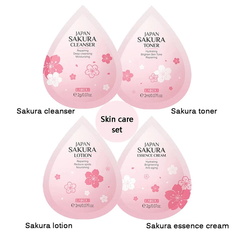 Sheromom's 4pcs Green Tea Skin Care Sets Trial Pack Korean Cosmetics Acne Treatment Face Cream Eye Cream Face Care Set for Women Sakura Kit