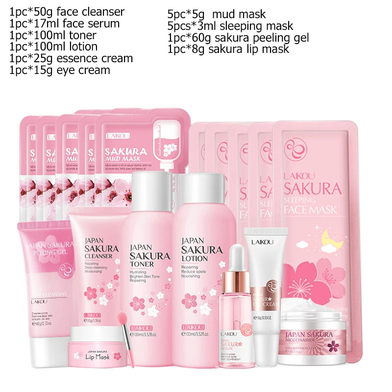 Sheromom's Sakura Facial Cleaner Korean Face Serum Exfoliating Peeling Gel Moisturize Toner Eye Cream Sunscreen Cosmetics Skin Care Set