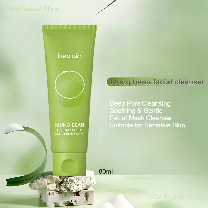 Sheromom's Korean Beplain Mung Bean PH-Balanced Cleansing Foam,Pore Care Serum Gentle Cleansing Oil and Face Clay Mask Facial Skincare Set