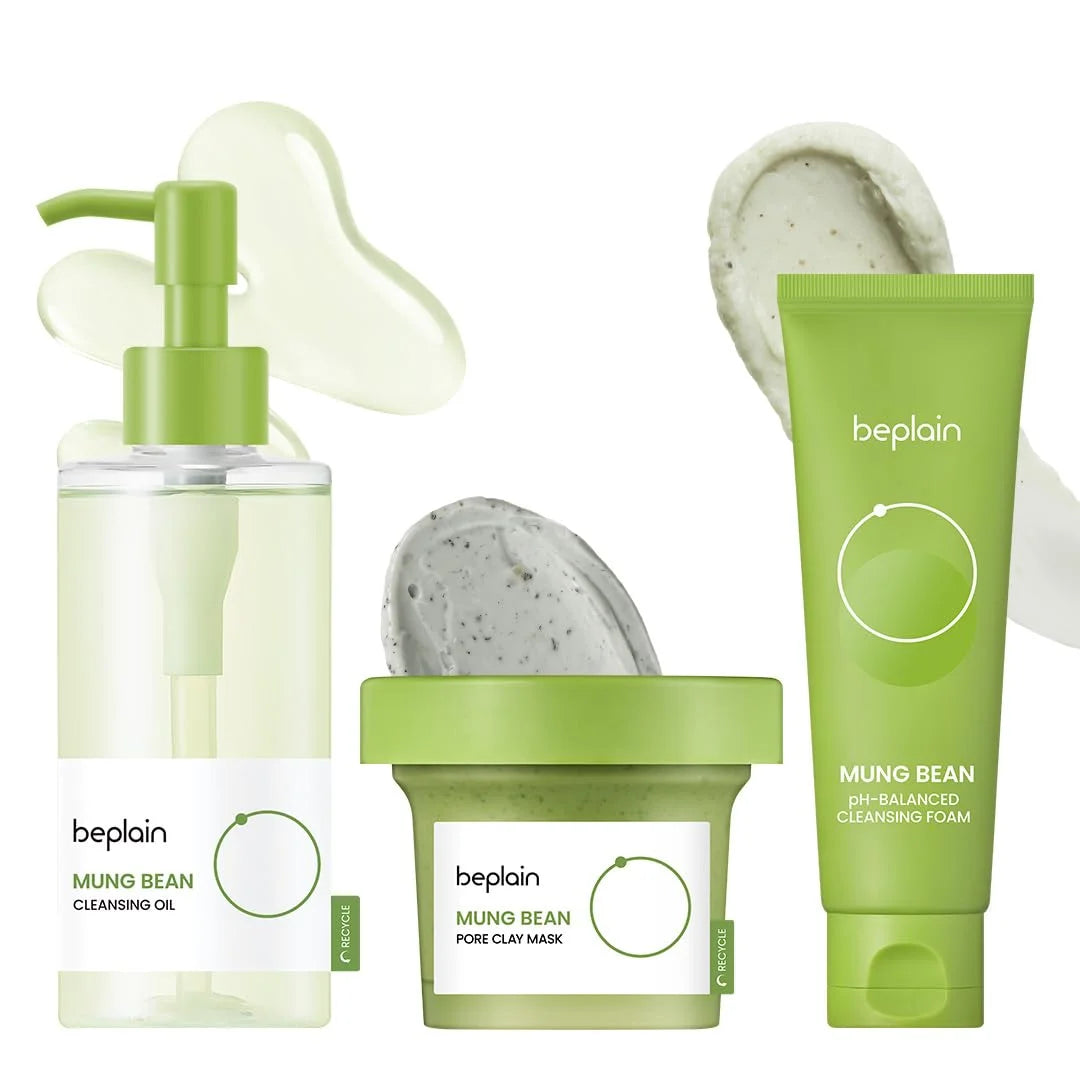 Sheromom's Korean Beplain Mung Bean PH-Balanced Cleansing Foam,Pore Care Serum Gentle Cleansing Oil and Face Clay Mask Facial Skincare Set