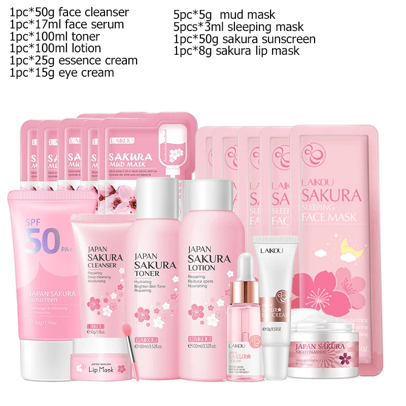 Sheromom's Sakura Facial Cleaner Korean Face Serum Exfoliating Peeling Gel Moisturize Toner Eye Cream Sunscreen Cosmetics Skin Care Set