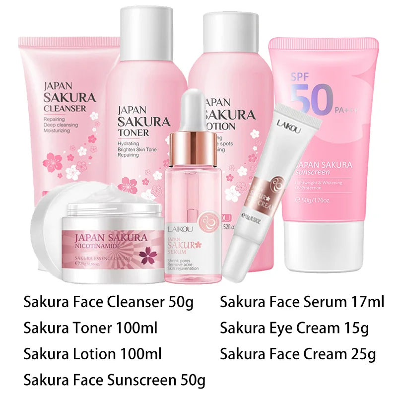 Sheromom's Sakura Facial Cleaner Korean Face Serum Exfoliating Peeling Gel Moisturize Toner Eye Cream Sunscreen Cosmetics Skin Care Set