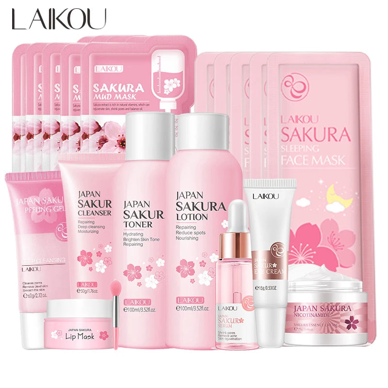 Sheromom's Sakura Facial Cleaner Korean Face Serum Exfoliating Peeling Gel Moisturize Toner Eye Cream Sunscreen Cosmetics Skin Care Set