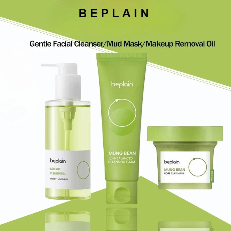Sheromom's Korean Beplain Mung Bean PH-Balanced Cleansing Foam,Pore Care Serum Gentle Cleansing Oil and Face Clay Mask Facial Skincare Set
