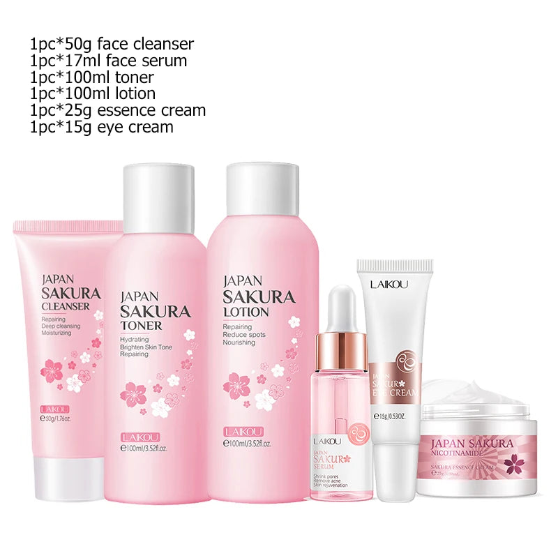 Sheromom's Sakura Facial Cleaner Korean Face Serum Exfoliating Peeling Gel Moisturize Toner Eye Cream Sunscreen Cosmetics Skin Care Set