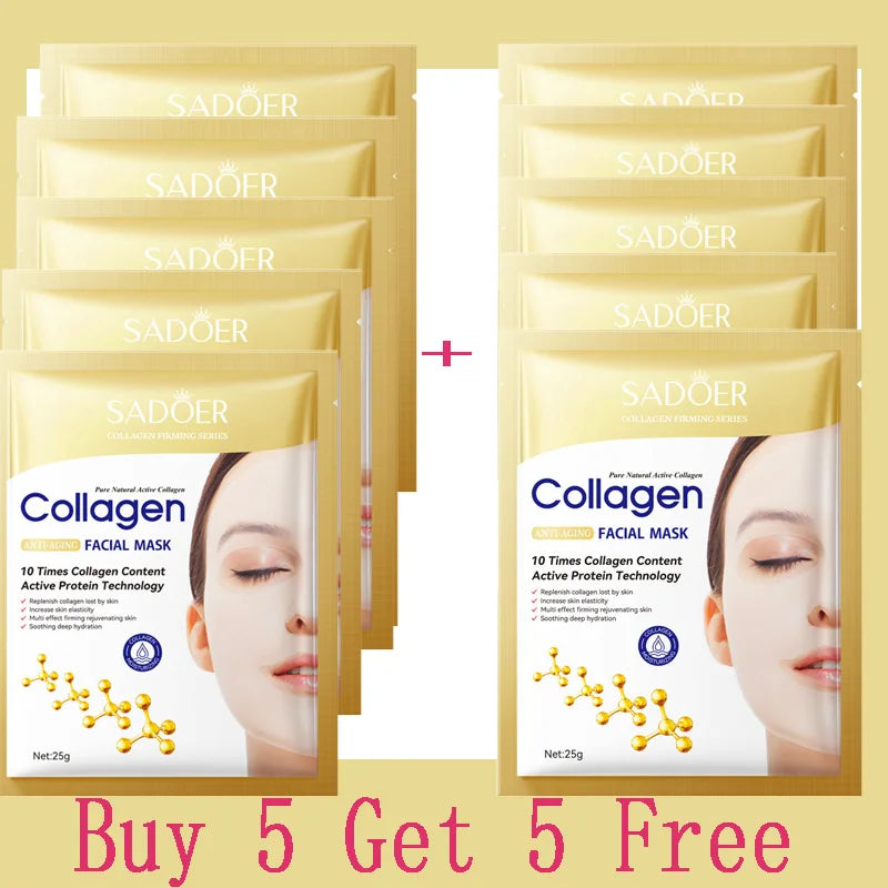 Sheromom's 10PCS Collagen Anti-Wrinkle Facial Mask Anti-Aging Fade Fine Lines Firm Skin Moisturizing Brightening Skincare Korean Cosmetics