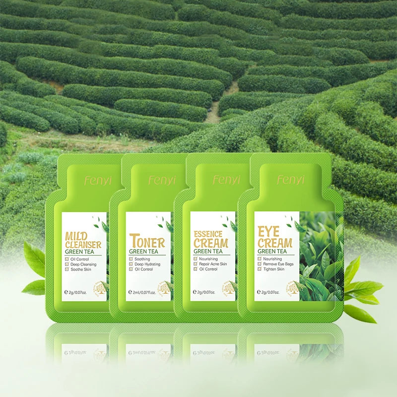 Sheromom's 4pcs Green Tea Skin Care Sets Trial Pack Korean Cosmetics Acne Treatment Face Cream Eye Cream Face Care Set for Women Sakura Kit