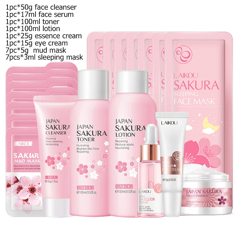Sheromom's Sakura Facial Cleaner Korean Face Serum Exfoliating Peeling Gel Moisturize Toner Eye Cream Sunscreen Cosmetics Skin Care Set