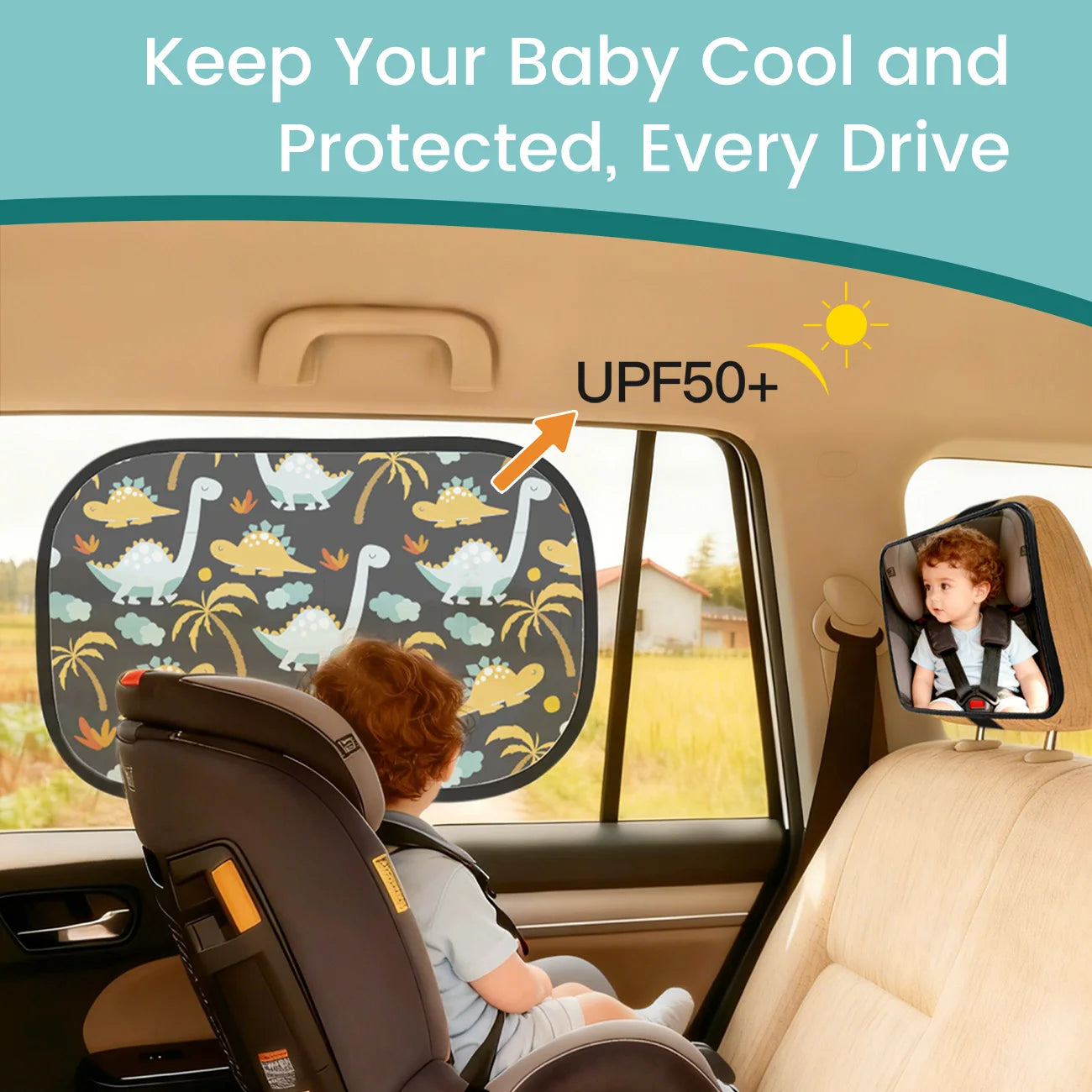 Sheromom's Baby Car Essentials Starter Kit | Backseat Organizer + 2 Sunshades + 2 Hooks + Rear Mirror