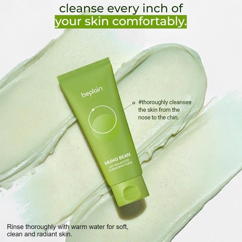 Sheromom's Korean Beplain Mung Bean PH-Balanced Cleansing Foam,Pore Care Serum Gentle Cleansing Oil and Face Clay Mask Facial Skincare Set